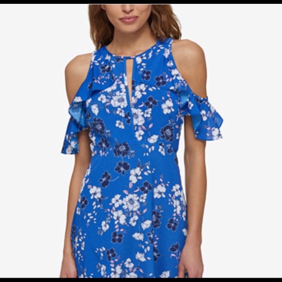 blue floral cold shoulder dress